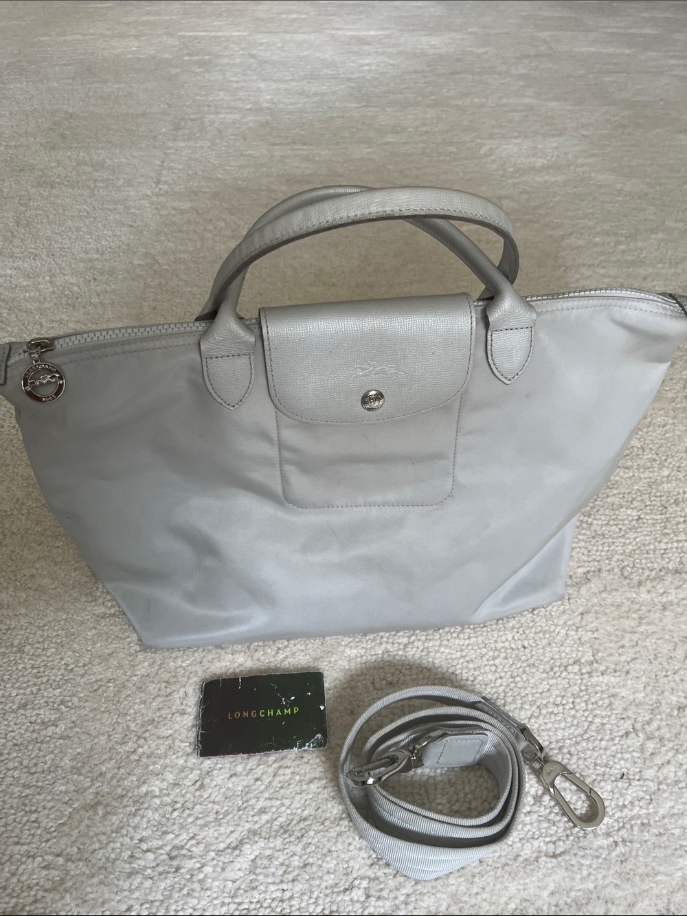 Longchamp Gray Nylon Le Pliage Top-Handle Tote with Strap